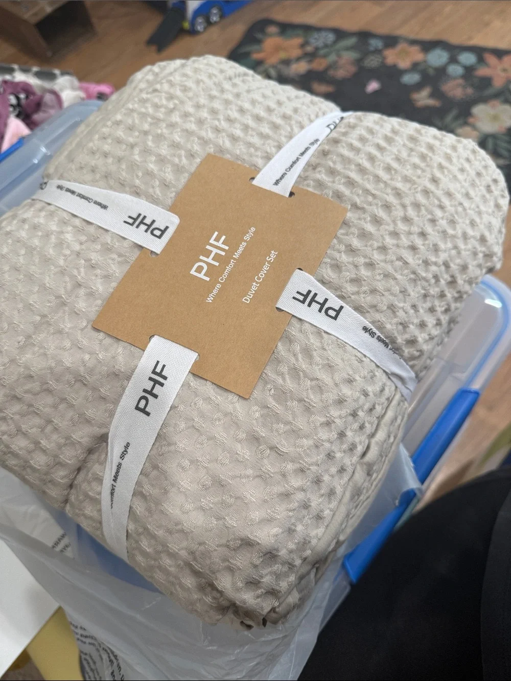 PHF Waffle Queens Size Duvet Cover Set in Linen